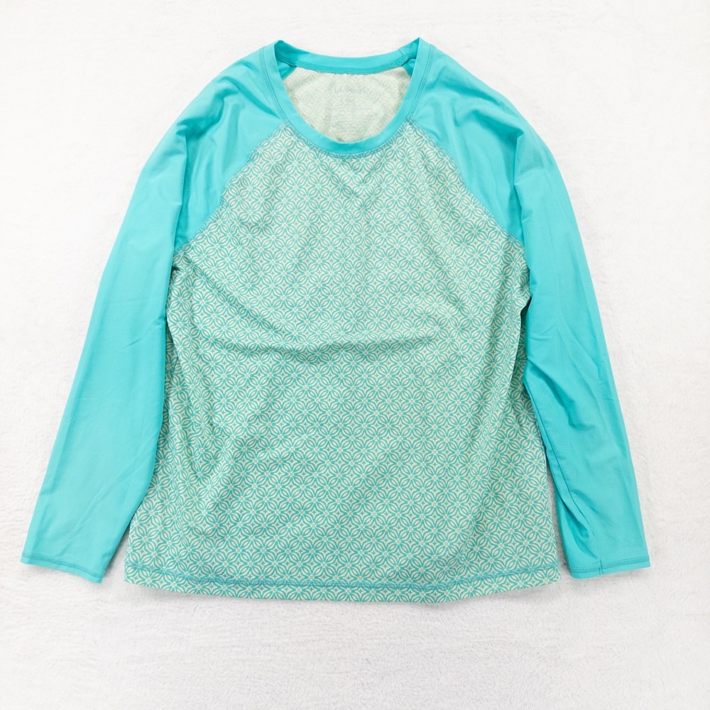L.L. Bean Womens Rash Guard Large Teal Geometric Long Sleeve UPF 50 Swim Top